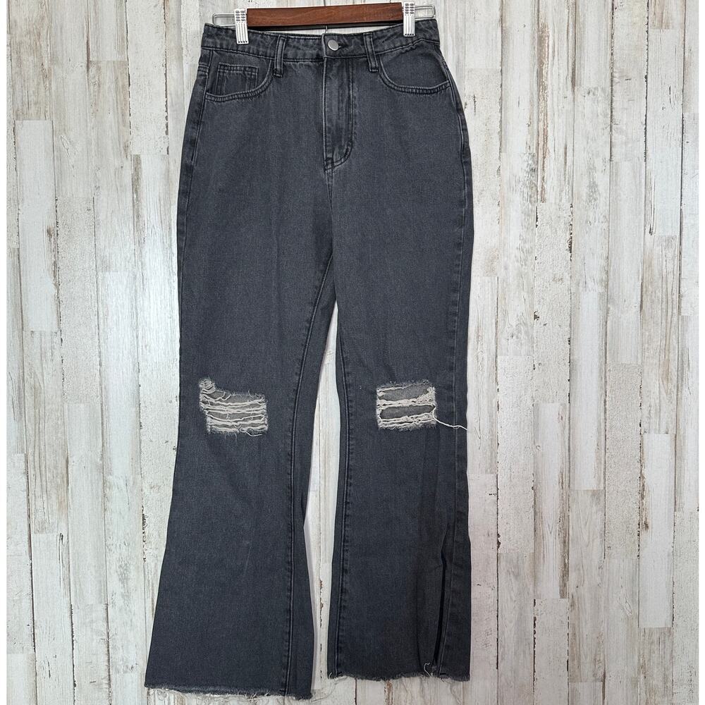 Cider Flare Leg Jeans Small Black Distressed Raw Hem Grunge Goth Punk Denim EUC